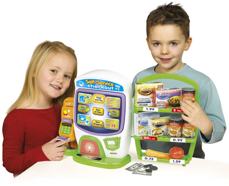 Boy and girl playing with Casdon's Self Service Checkout Toy