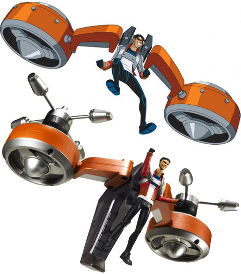 A toy version of the Generator Rex Air Attack Boogie Pack produced by Mattel