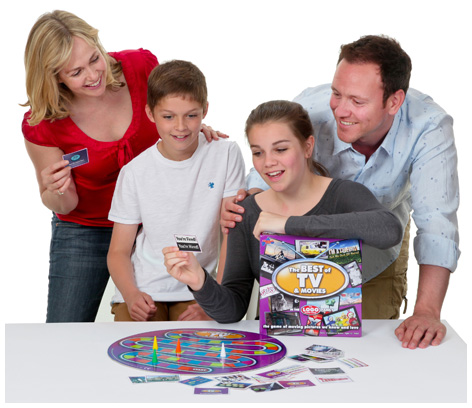 Family playing with their Logo: Best of TV and Movies board game