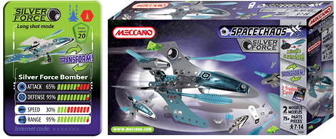 Meccano Space Chaos Silver Force Packaging and Trading Card