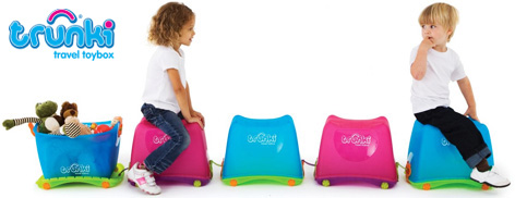 Boy and Girl with their Blue and Pink Trunki Travel Toyboxes