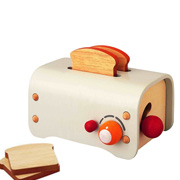An eco-friendly wooden toy toaster from Plan Toys