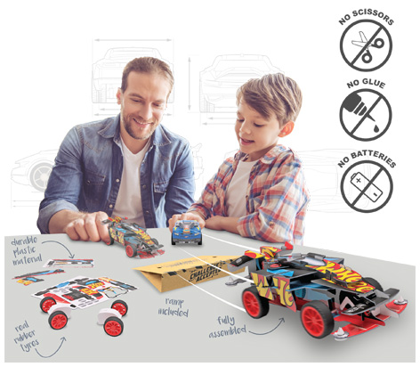 Father and son playing with Maker Kitz Cars