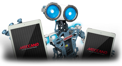 The Meccano Meccanoid holding tablet computers