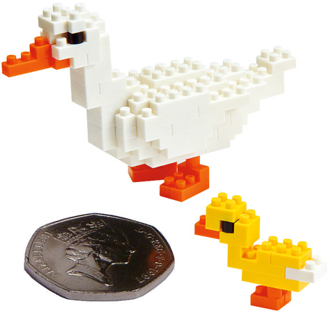 Nanoblock Ducks beside a 50p coin